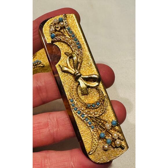 MIRELLA Ornate Gold Plated Hand Mirror and Travel Comb Set vanity set Vtg - Picture 8 of 9